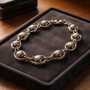 Vintage Sterling Silver Modernist Bead Link Bracelet 925 Minimalist